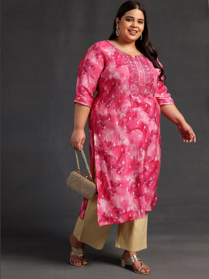 Plus Size Pink Yoke Design Silk Straight Kurta - Libas