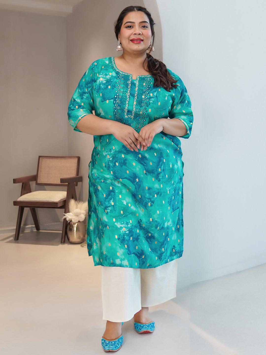 Plus Size Blue Yoke Design Silk Straight Kurta - Libas