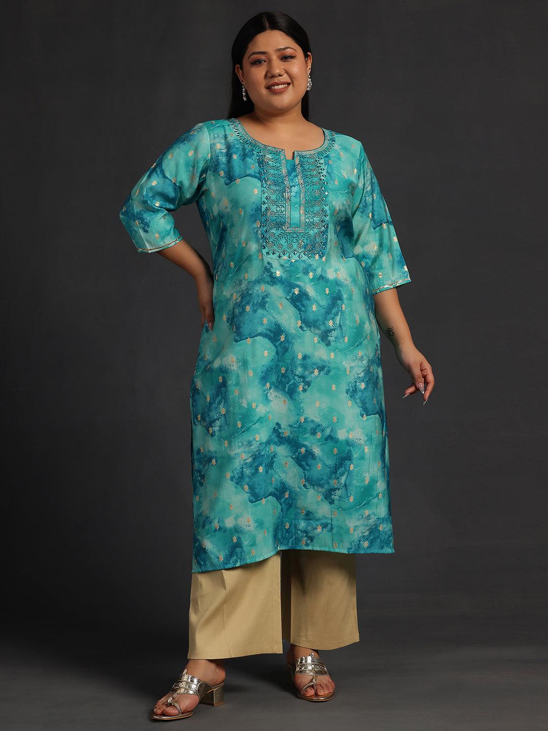 Plus Size Blue Yoke Design Silk Straight Kurta - Libas 