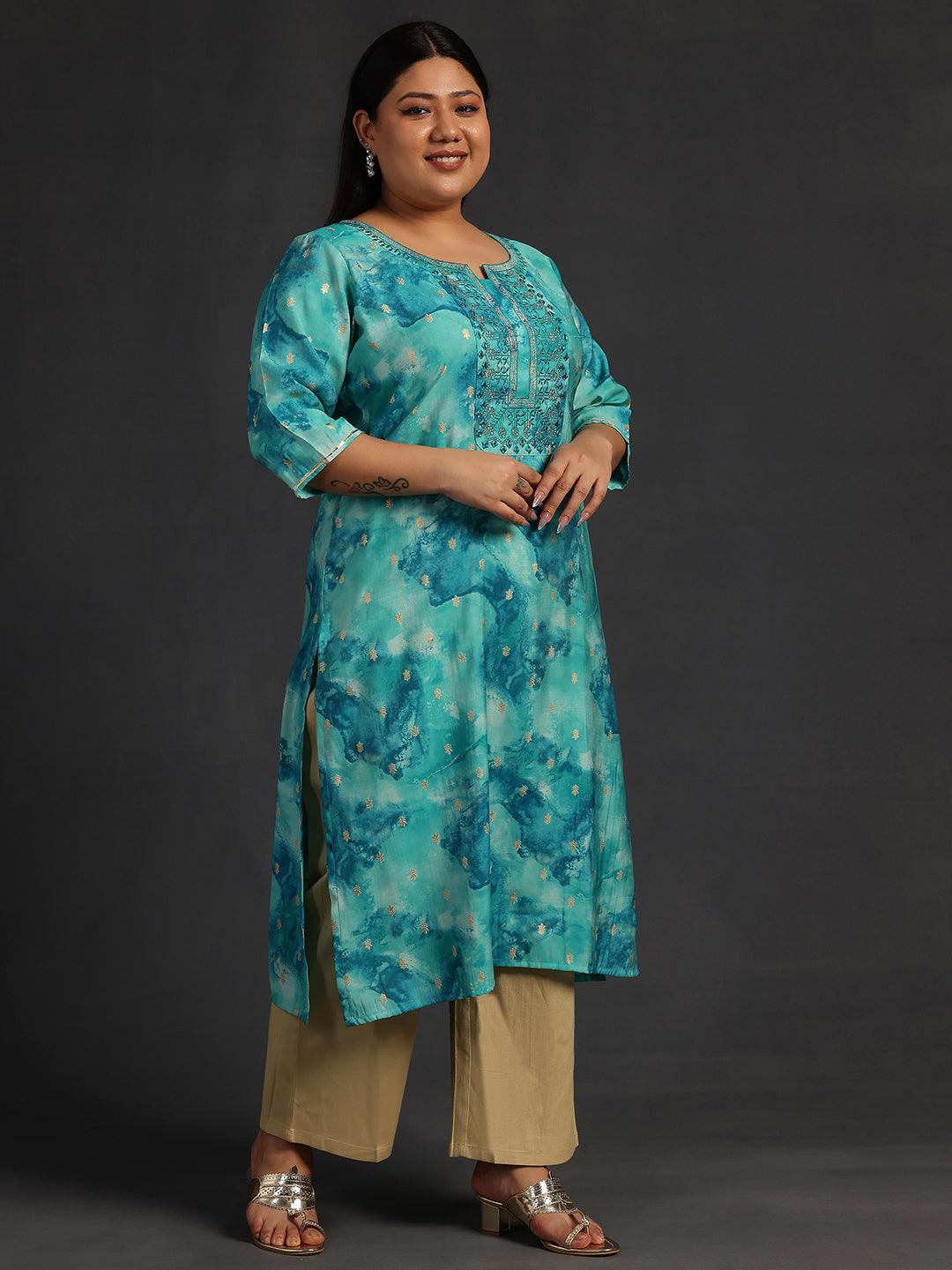 Plus Size Blue Yoke Design Silk Straight Kurta - Libas 