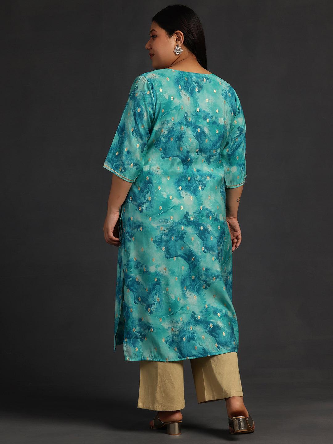 Plus Size Blue Yoke Design Silk Straight Kurta - Libas