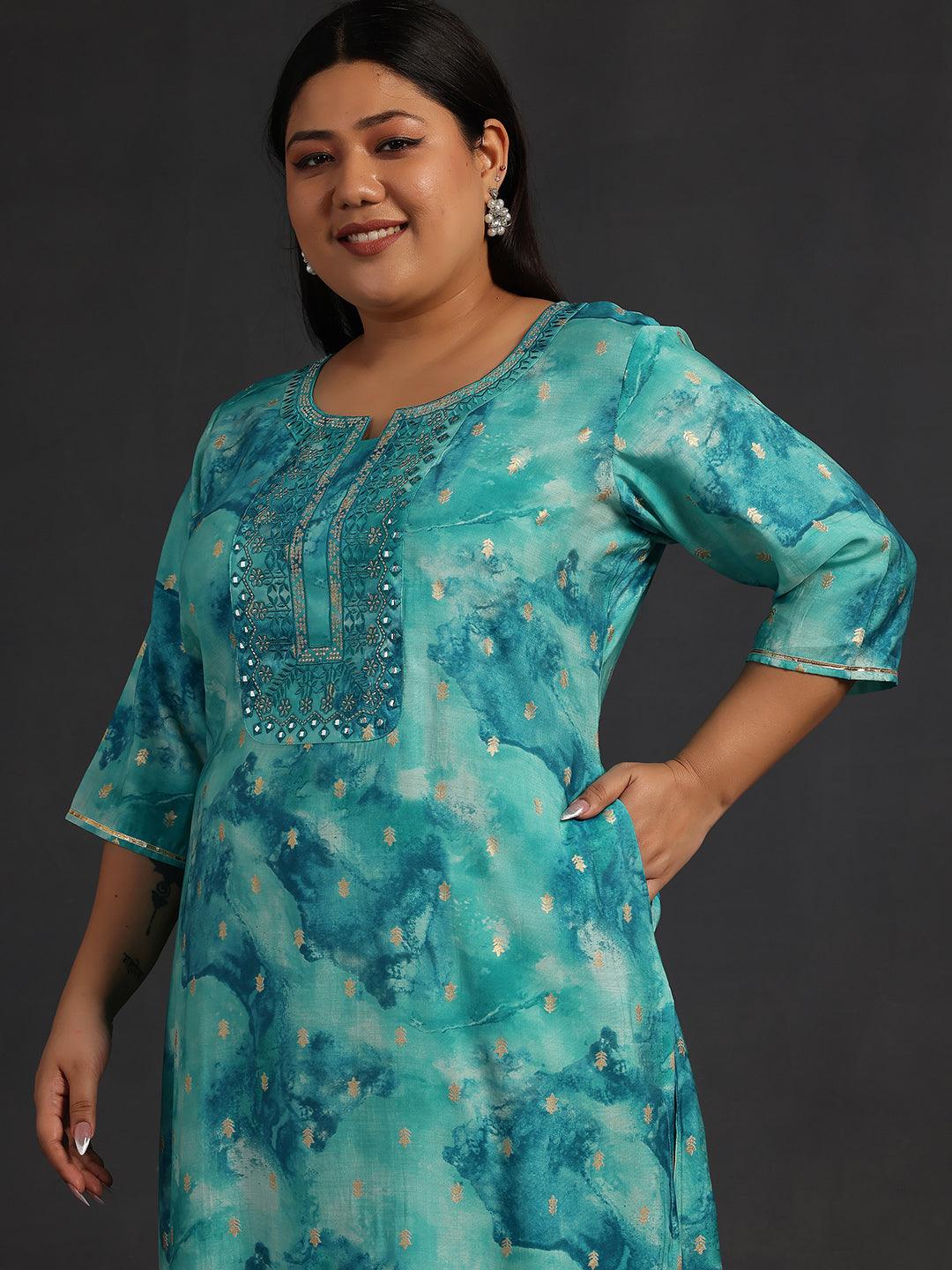 Plus Size Blue Yoke Design Silk Straight Kurta - Libas 