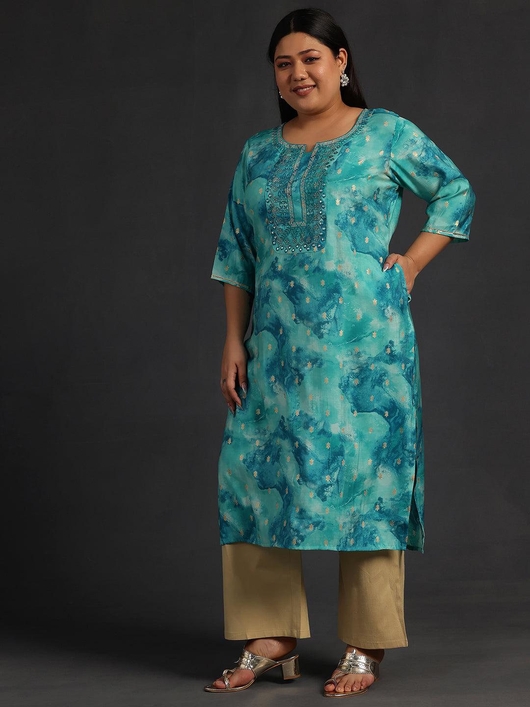 Plus Size Blue Yoke Design Silk Straight Kurta - Libas