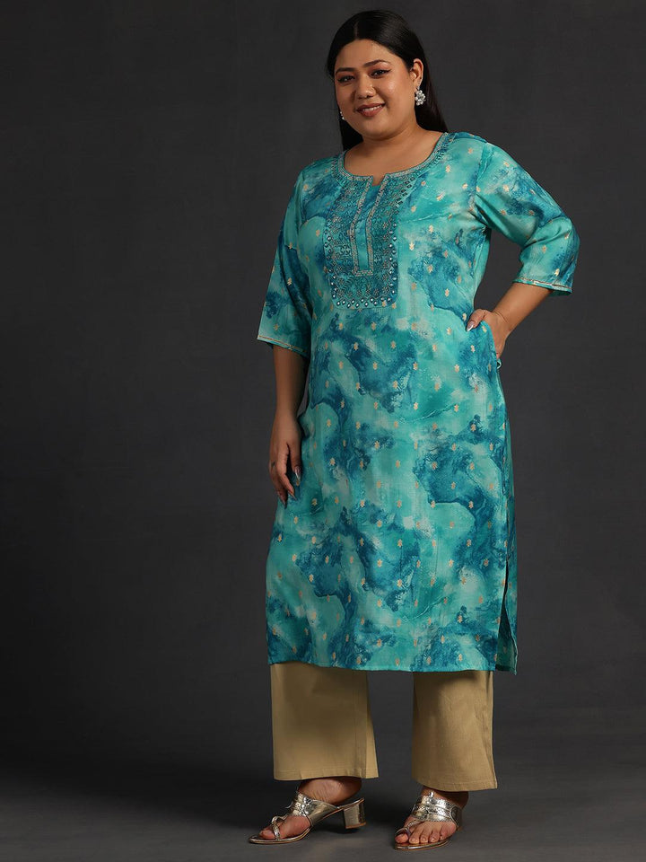 Plus Size Blue Yoke Design Silk Straight Kurta - Libas