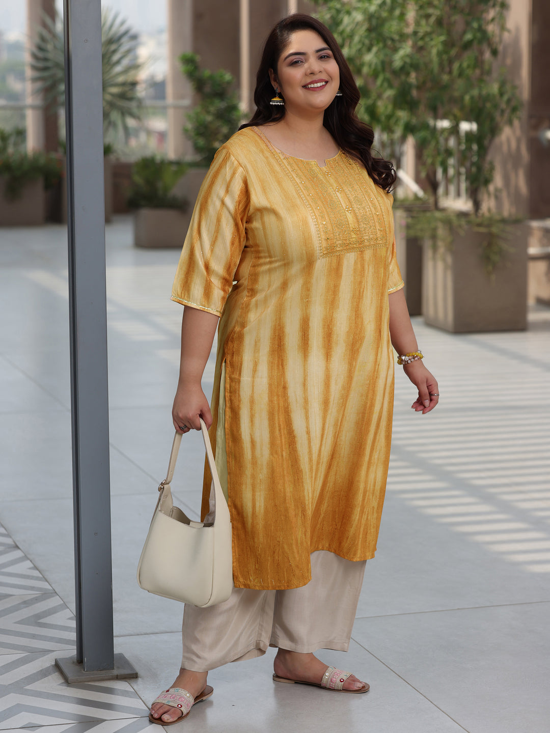  Plus Size Mustard Printed Cotton Straight Kurta 