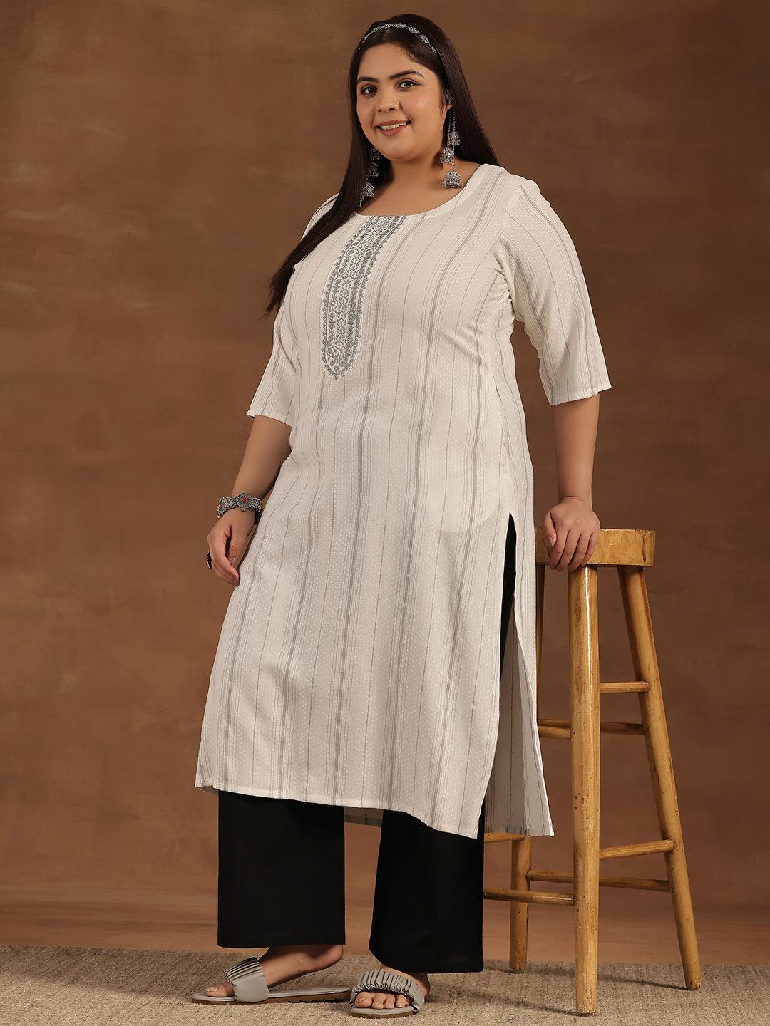 Plus Size Cream Yoke Design Rayon Straight Kurta - Libas 