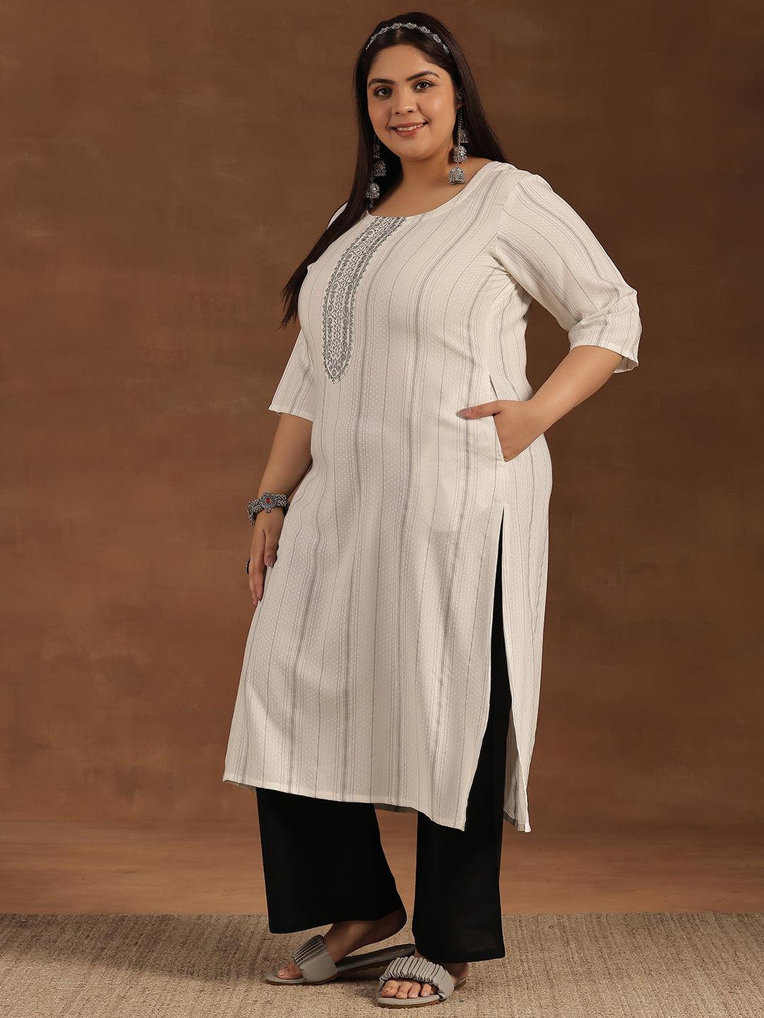 Plus Size Cream Yoke Design Rayon Straight Kurta - Libas 