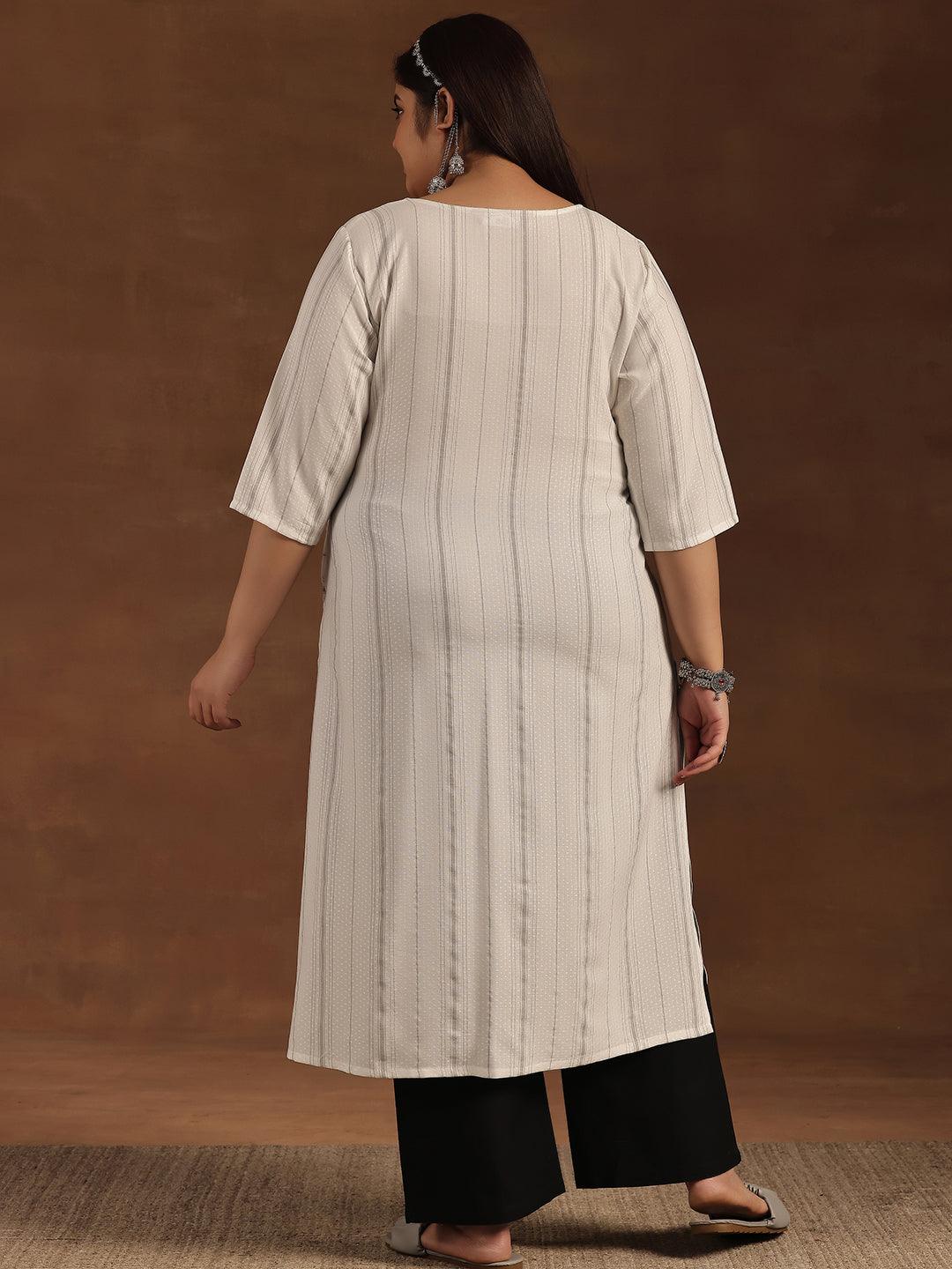 Plus Size Cream Yoke Design Rayon Straight Kurta - Libas 