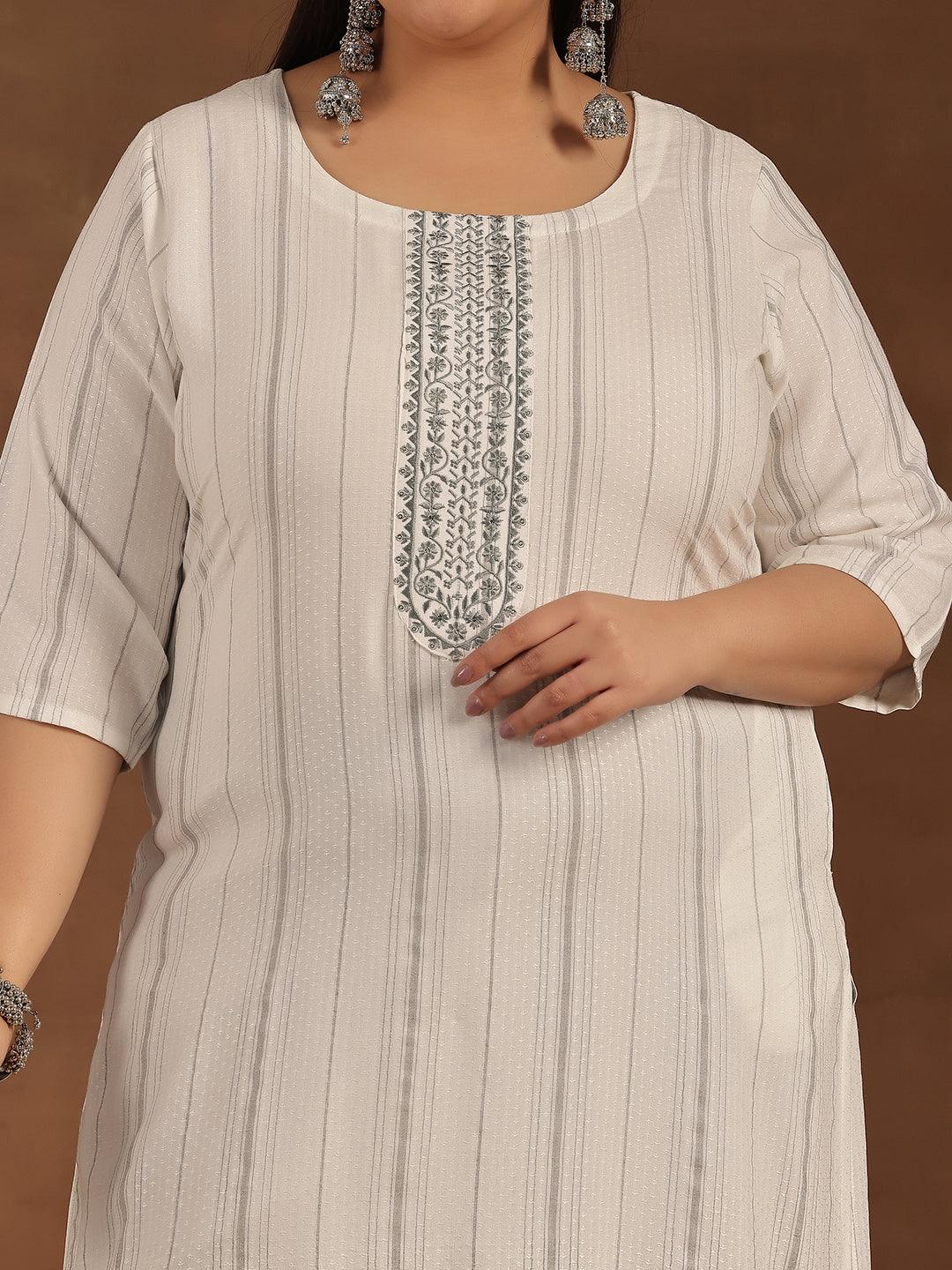 Plus Size Cream Yoke Design Rayon Straight Kurta - Libas 