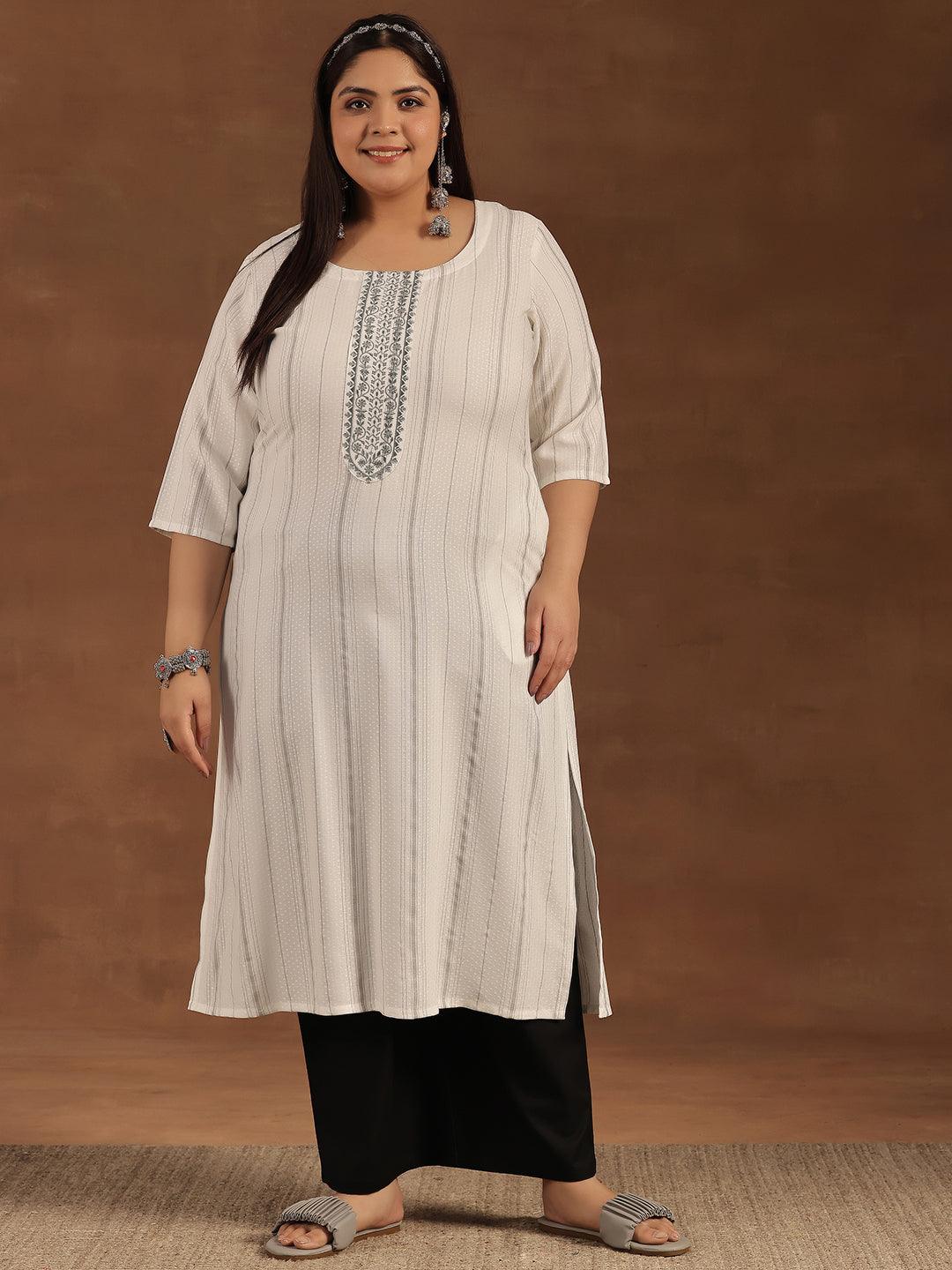 Plus Size Cream Yoke Design Rayon Straight Kurta - Libas