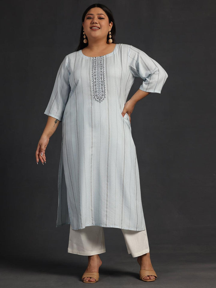 Plus Size Blue Yoke Design Rayon Straight Kurta - Libas