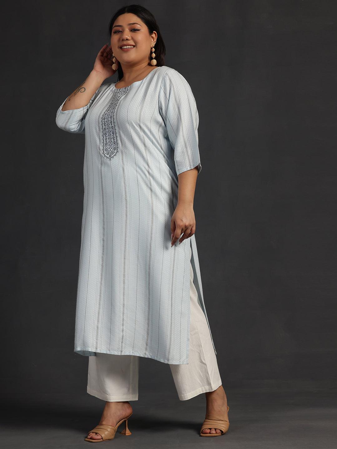 Plus Size Blue Yoke Design Rayon Straight Kurta - Libas