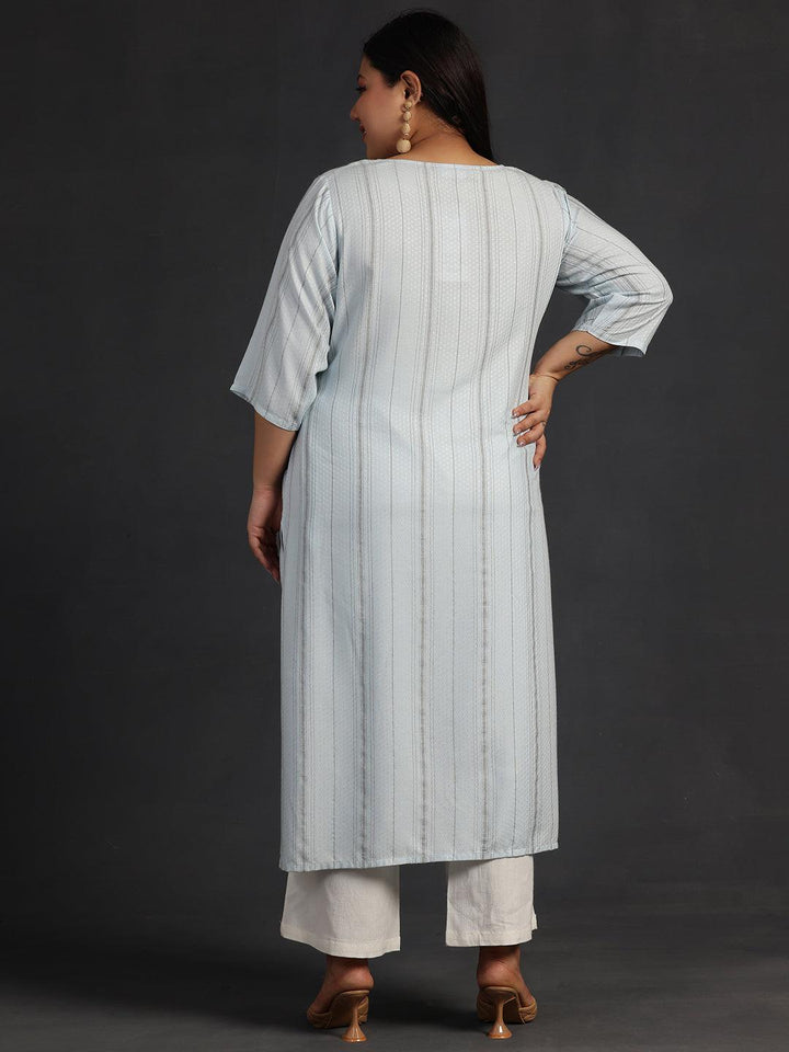 Plus Size Blue Yoke Design Rayon Straight Kurta - Libas