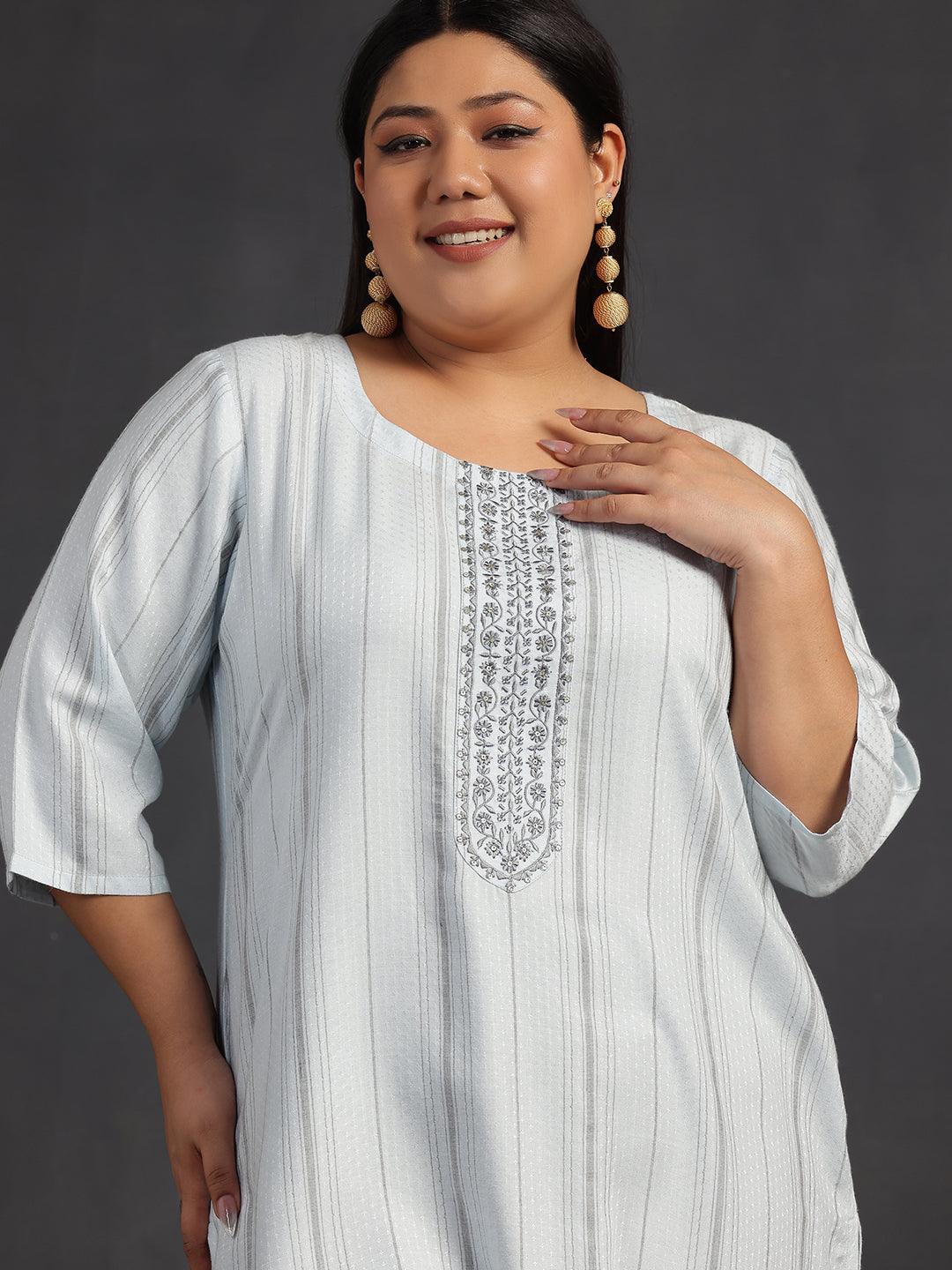 Plus Size Blue Yoke Design Rayon Straight Kurta - Libas