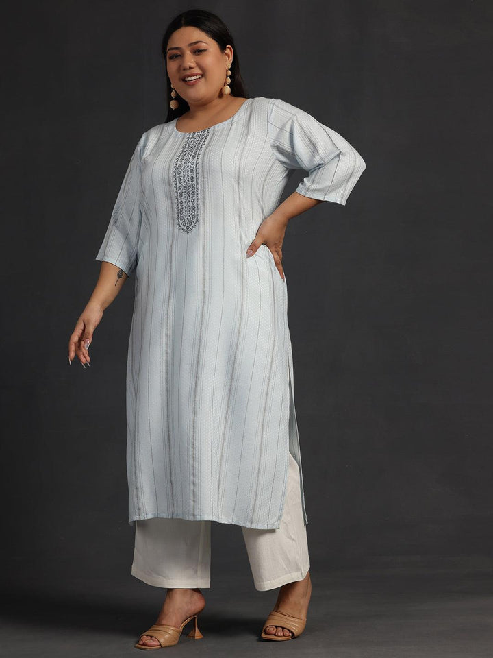 Plus Size Blue Yoke Design Rayon Straight Kurta - Libas