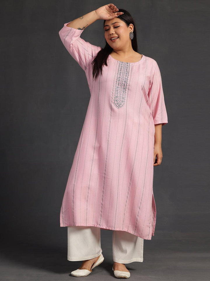 Plus Size Pink Yoke Design Rayon Straight Kurta - Libas