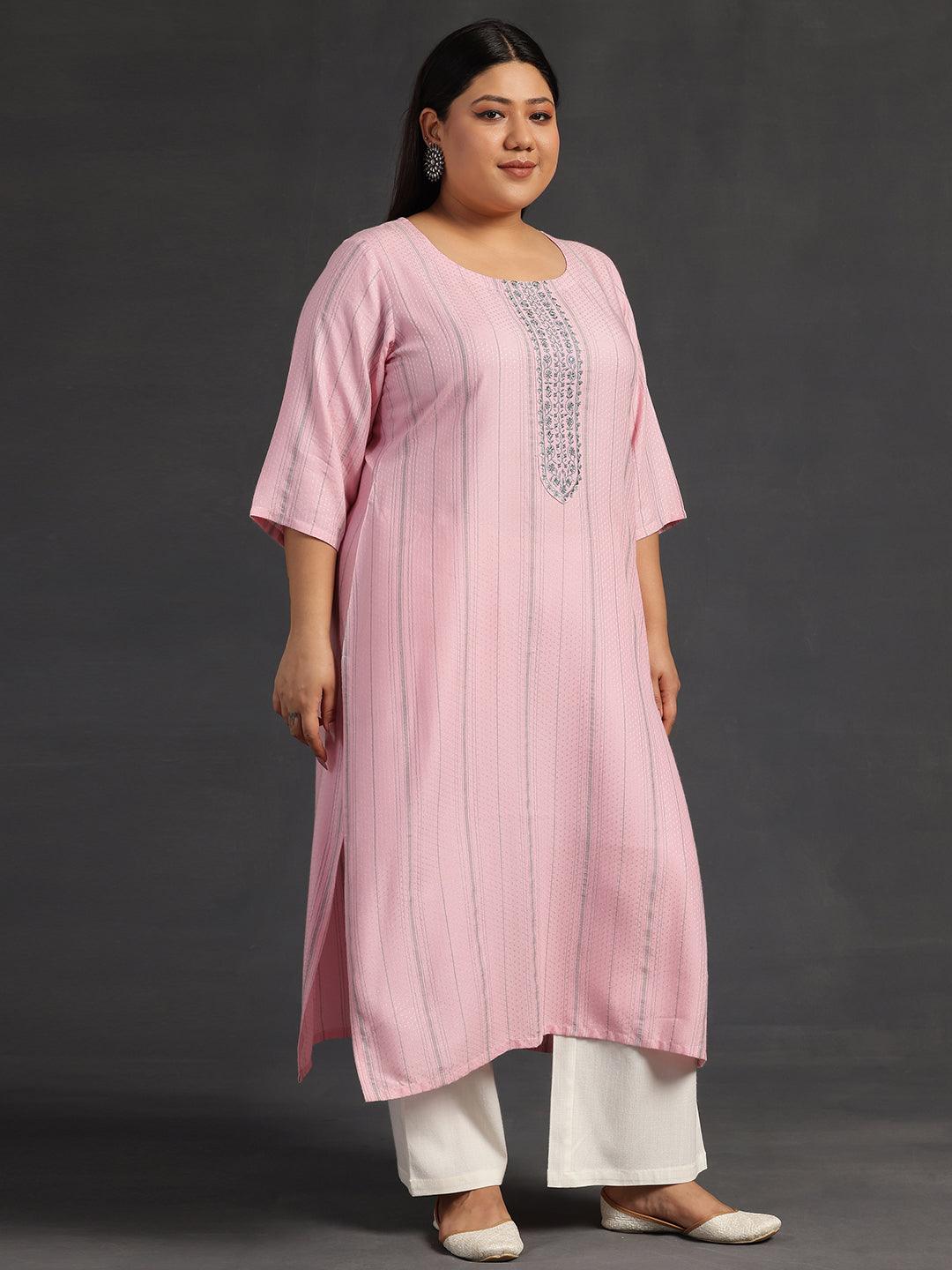 Plus Size Pink Yoke Design Rayon Straight Kurta - Libas