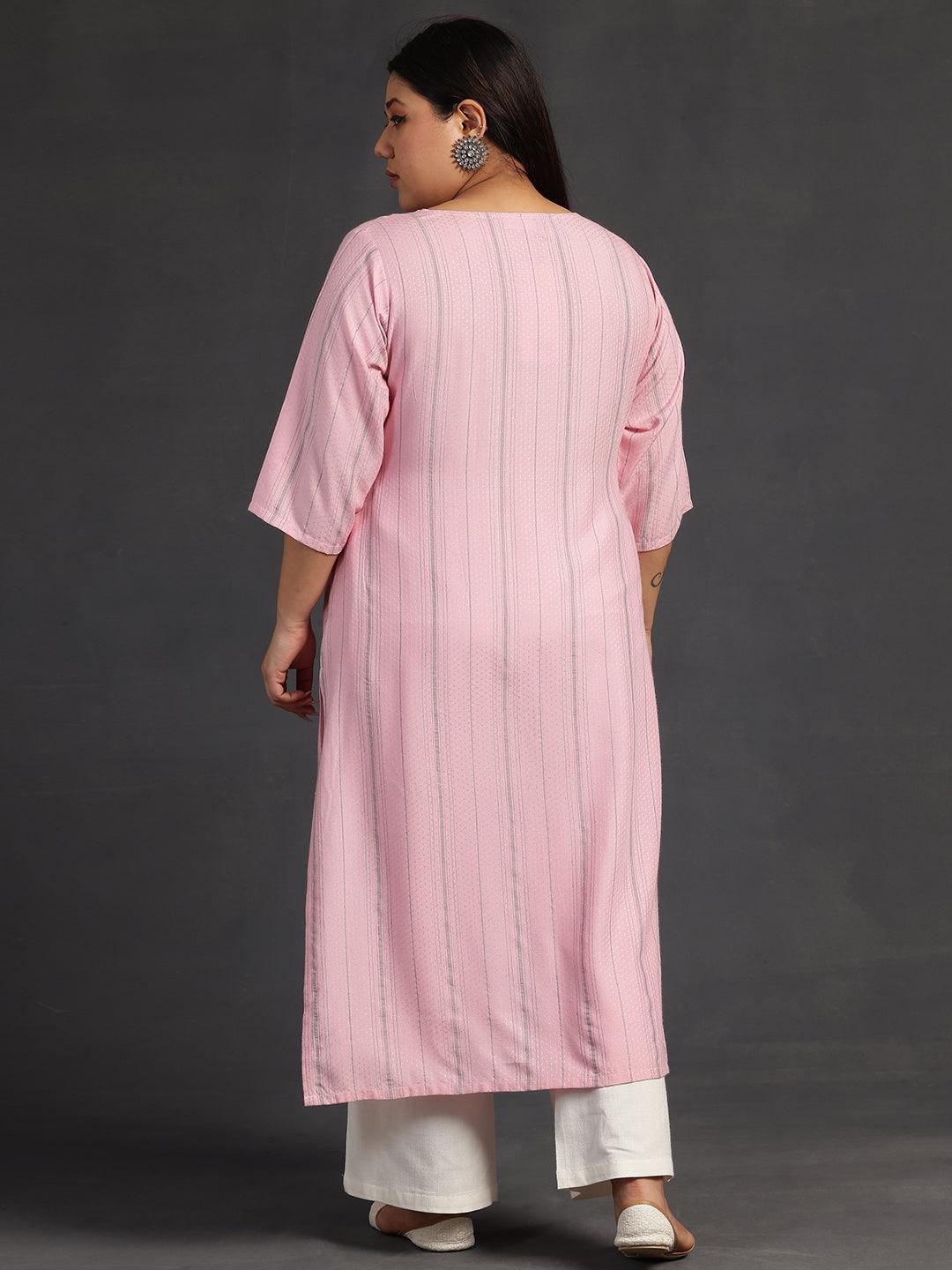 Plus Size Pink Yoke Design Rayon Straight Kurta - Libas