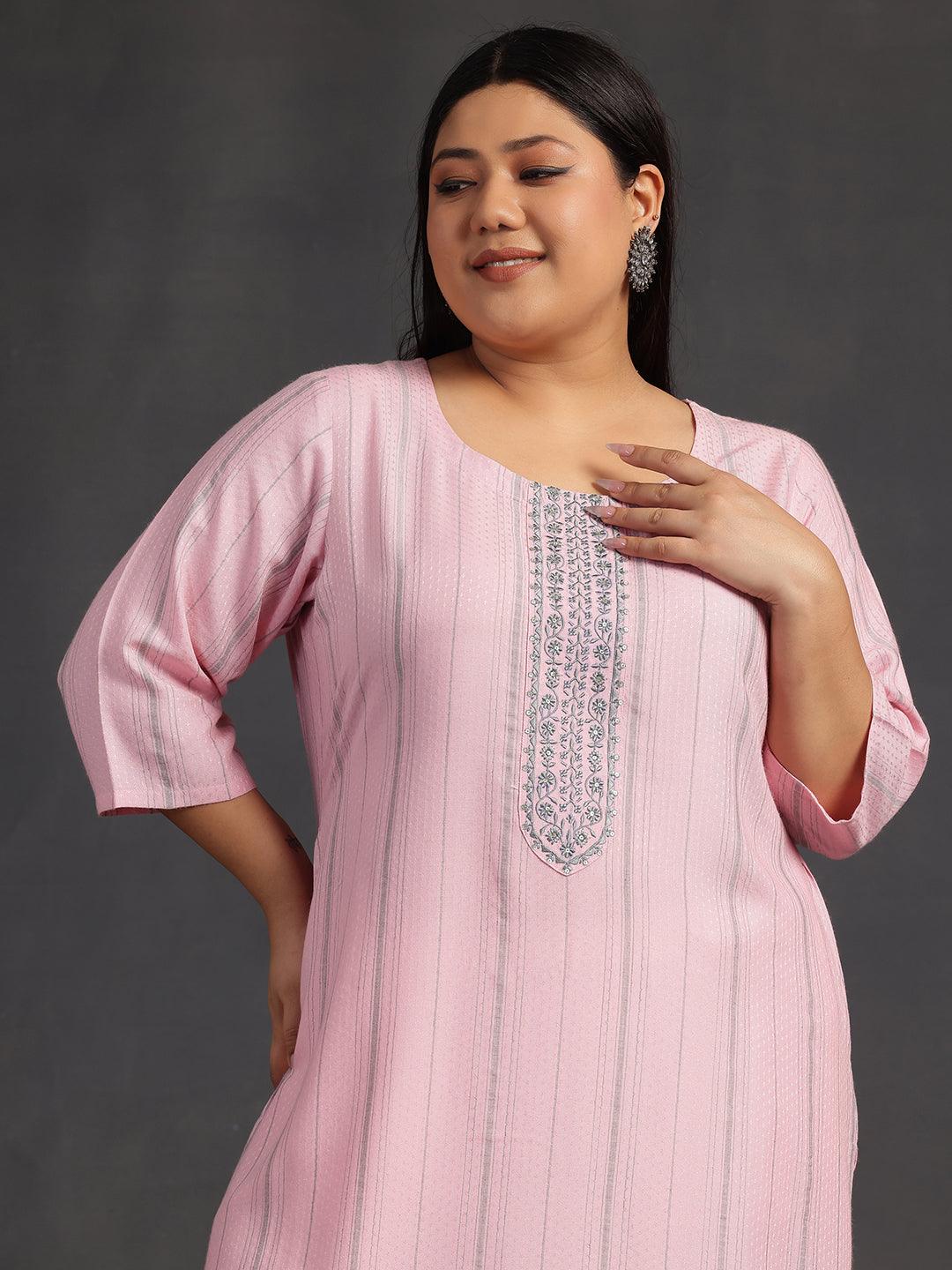 Plus Size Pink Yoke Design Rayon Straight Kurta - Libas