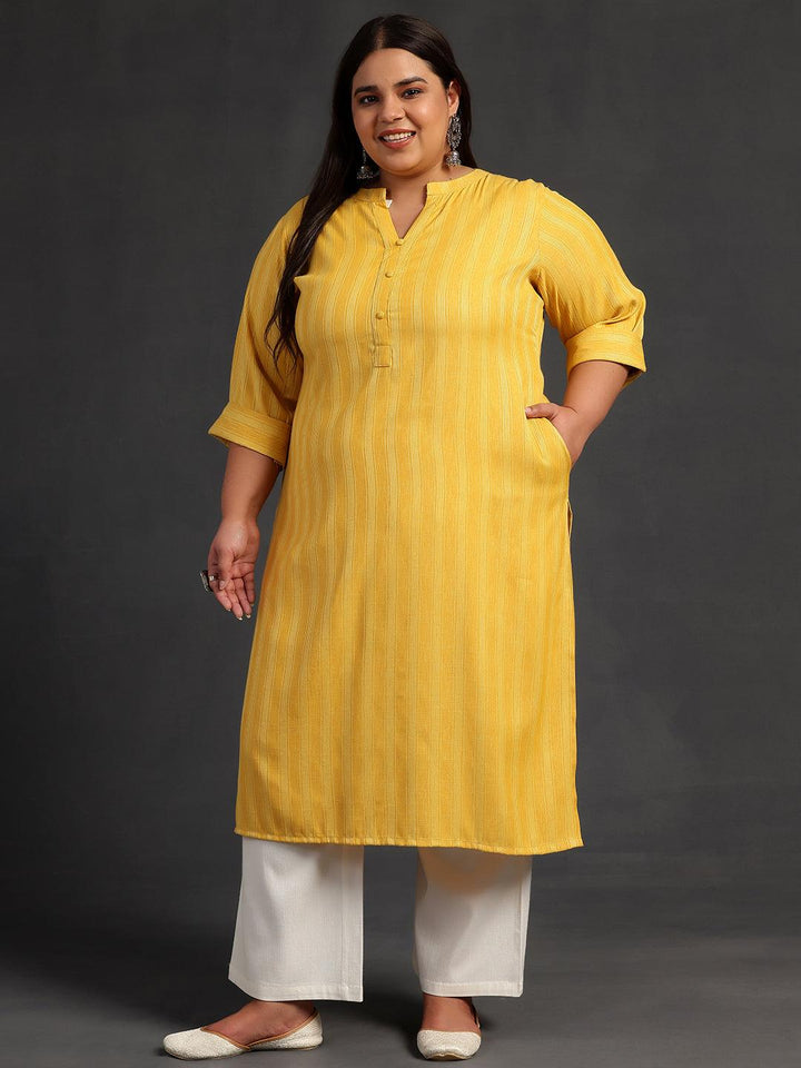 Plus Size Yellow Woven Design Rayon Straight Kurta - Libas