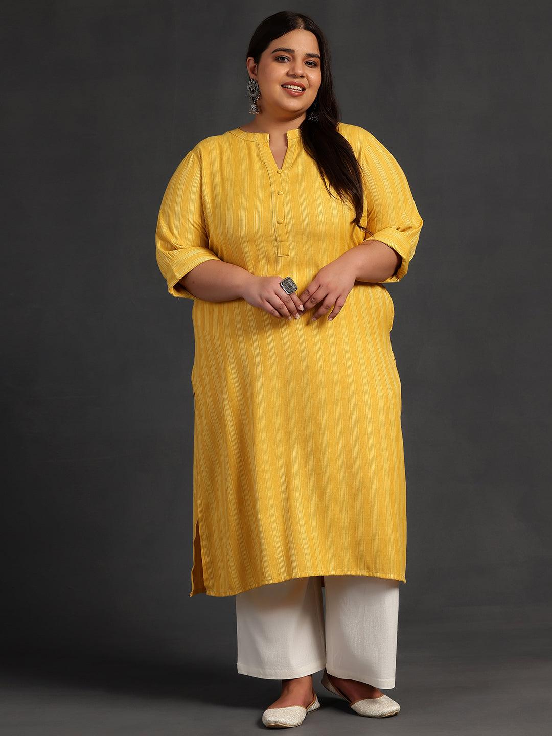 Plus Size Yellow Woven Design Rayon Straight Kurta - Libas