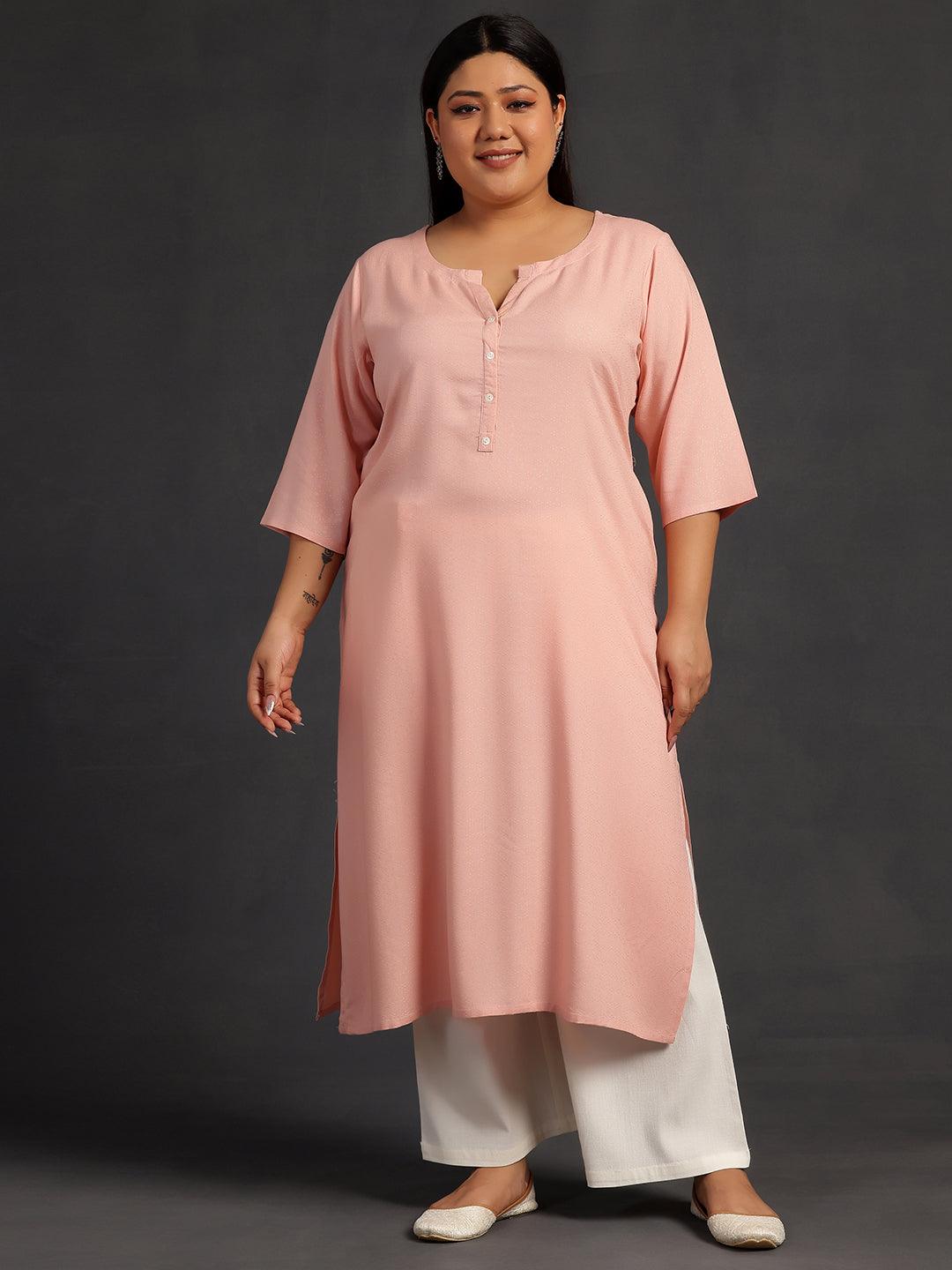 Plus Size Pink Woven Design Rayon Straight Kurta - Libas 