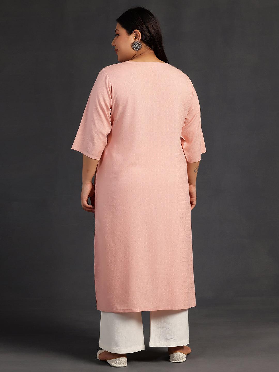 Plus Size Pink Woven Design Rayon Straight Kurta - Libas 