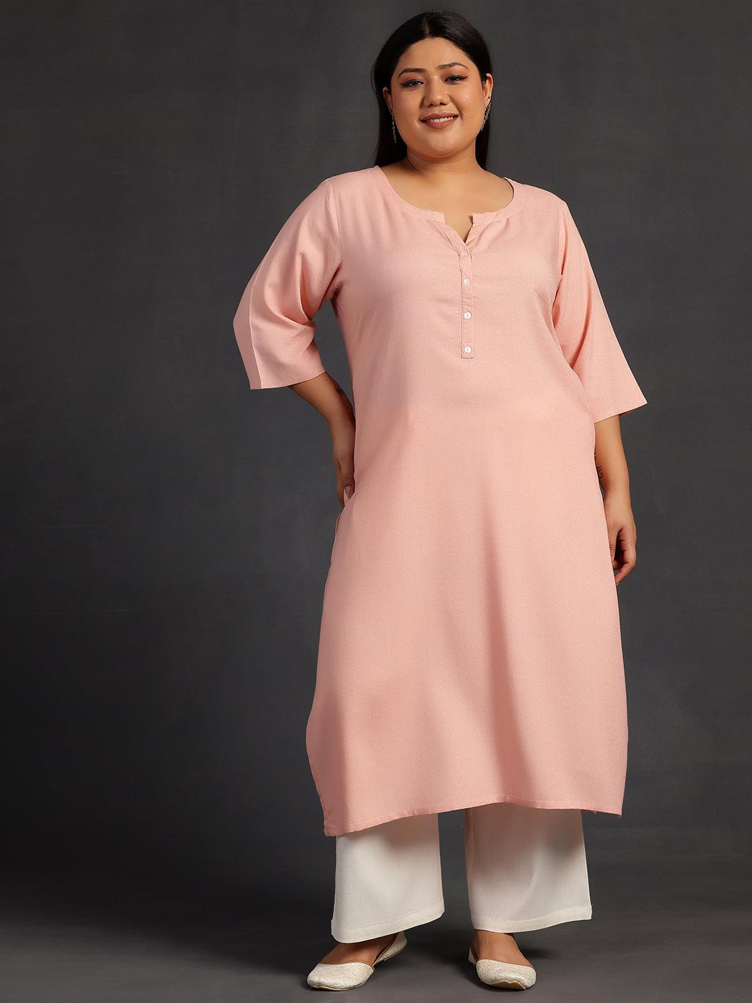 Plus Size Pink Woven Design Rayon Straight Kurta - Libas 