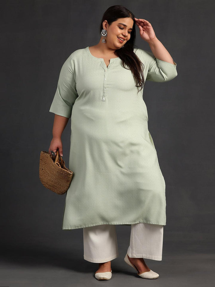 Plus Size Green Woven Design Rayon Straight Kurta - Libas