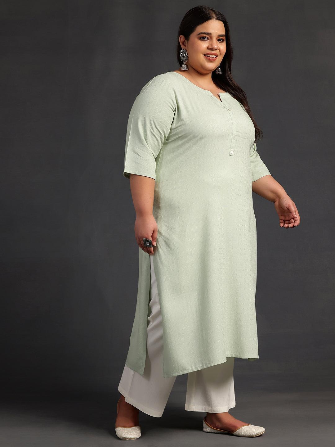 Plus Size Green Woven Design Rayon Straight Kurta - Libas