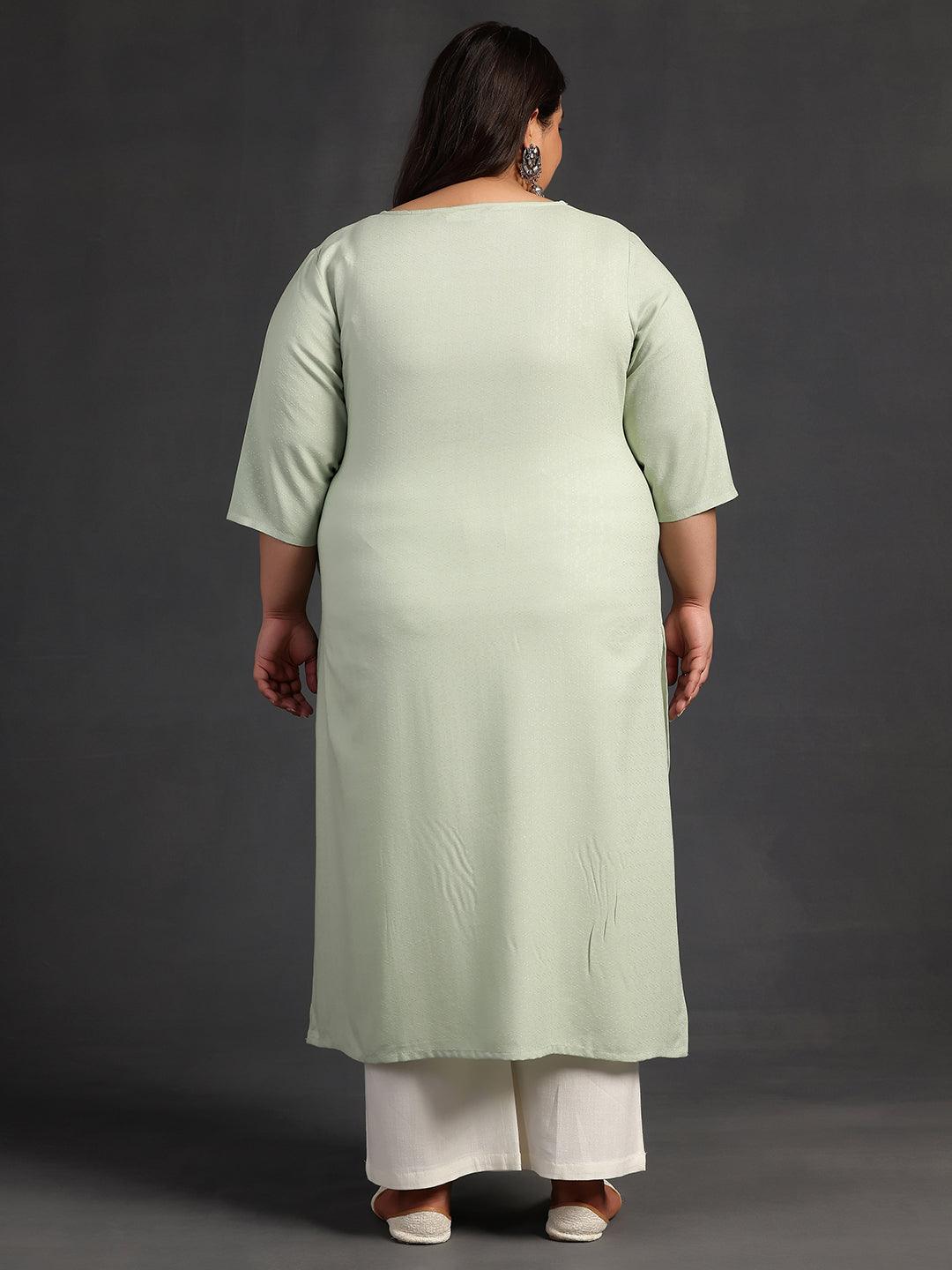 Plus Size Green Woven Design Rayon Straight Kurta - Libas