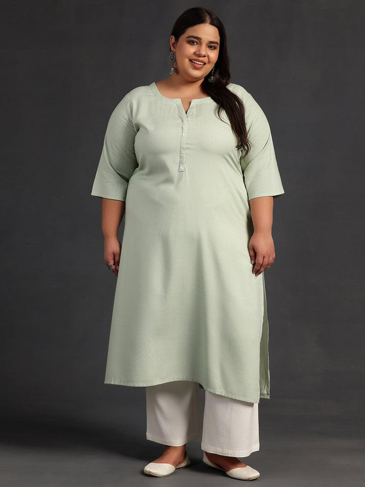 Plus Size Green Woven Design Rayon Straight Kurta - Libas