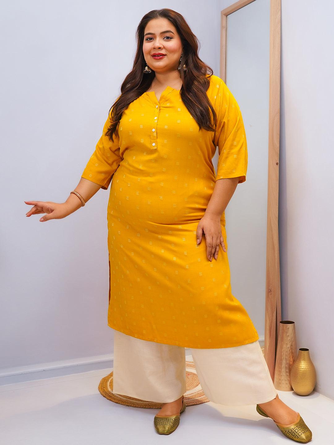 Plus Size Mustard Woven Design Rayon Straight Kurta - Libas 