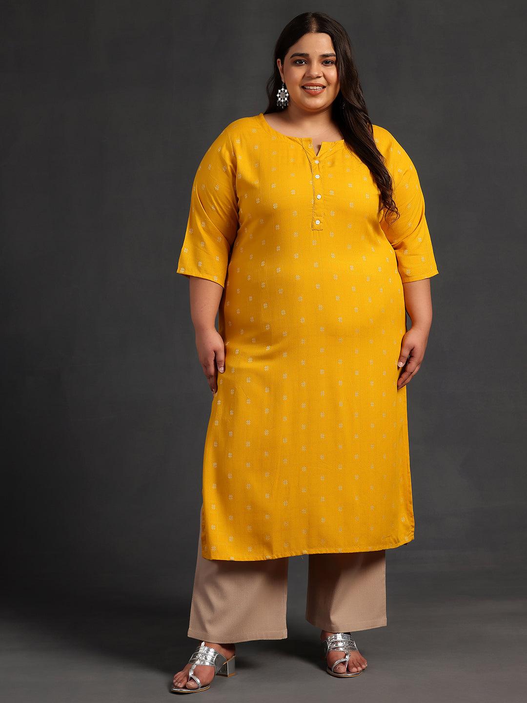 Plus Size Mustard Woven Design Rayon Straight Kurta - Libas