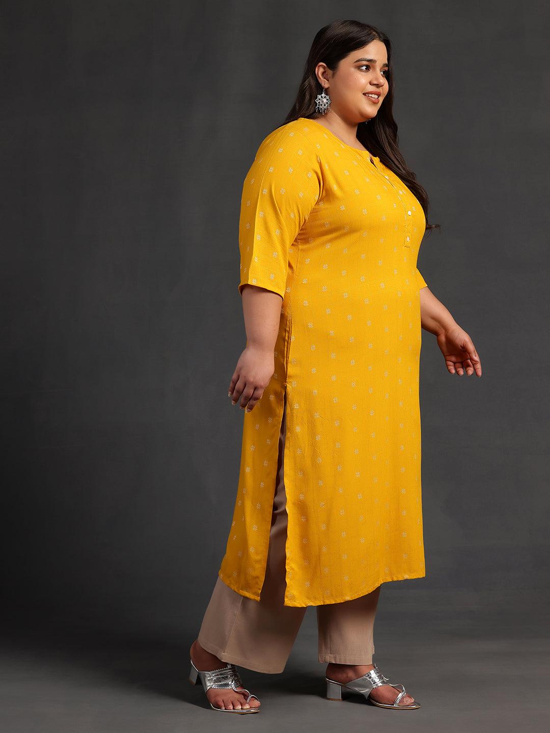 Plus Size Mustard Woven Design Rayon Straight Kurta - Libas 