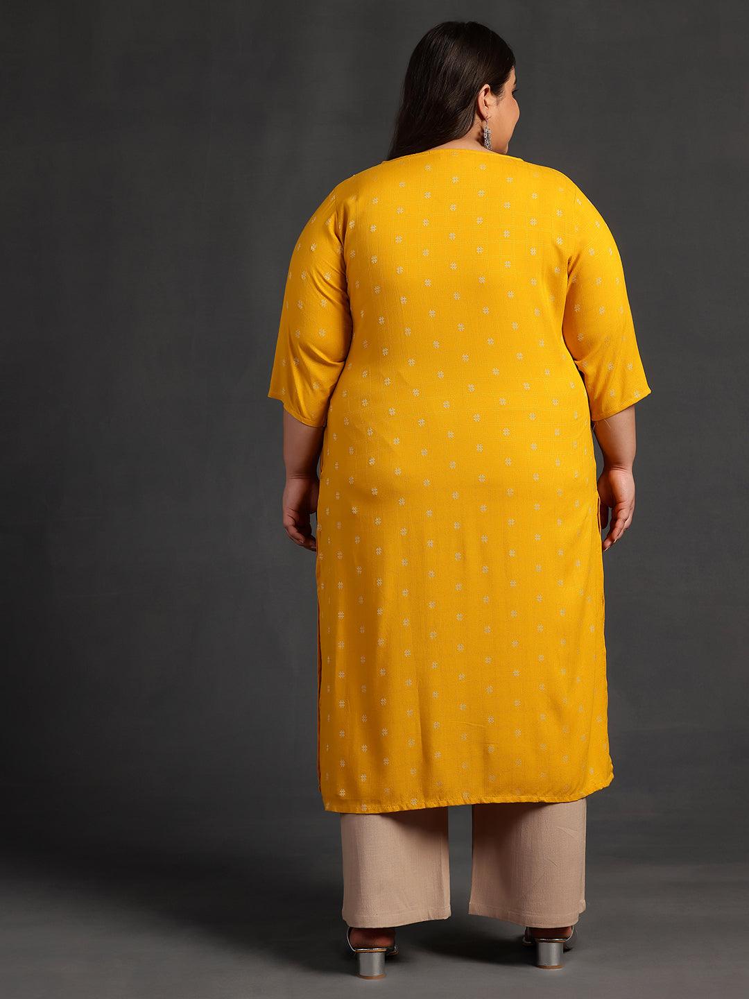 Plus Size Mustard Woven Design Rayon Straight Kurta - Libas 