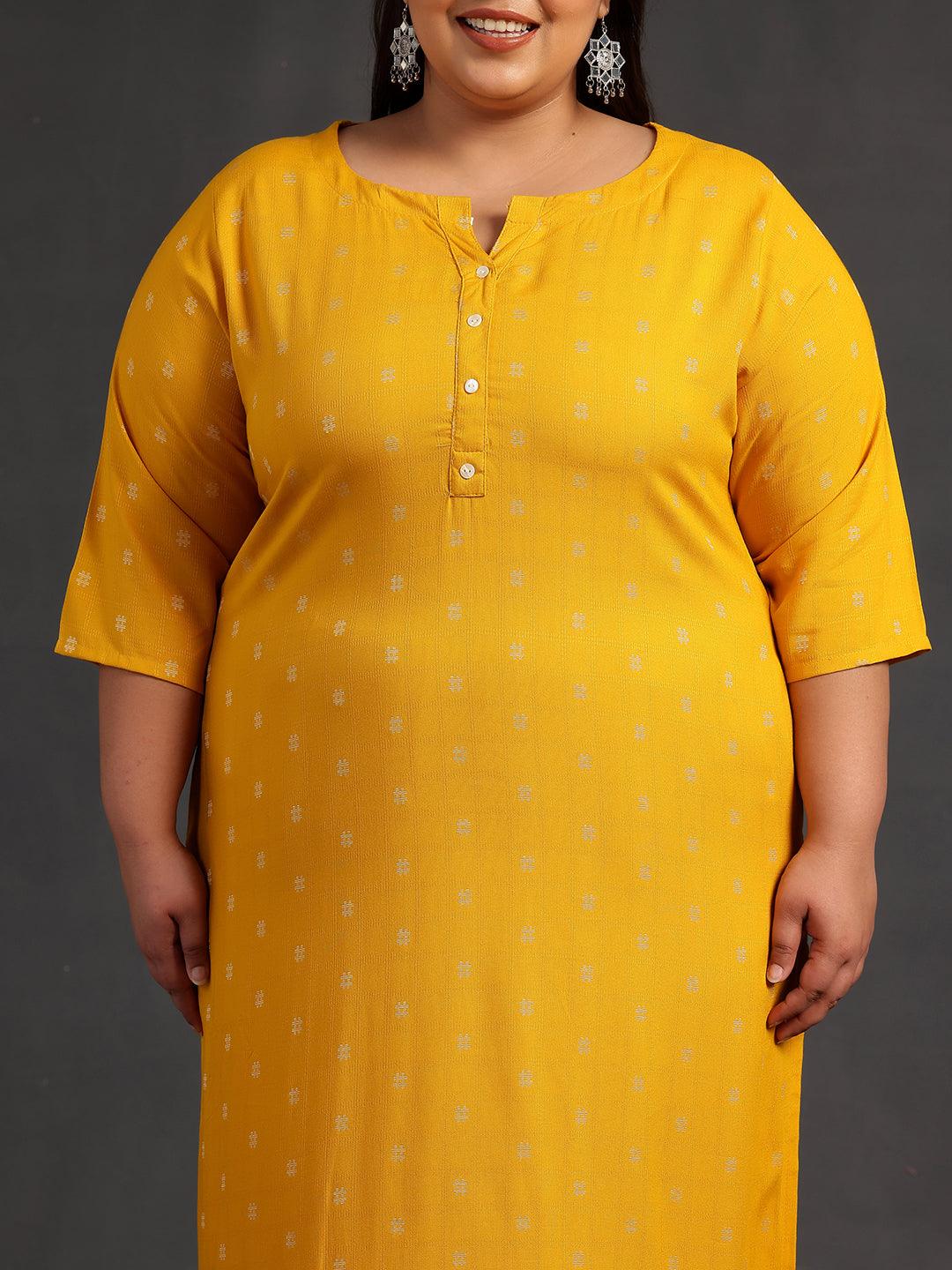 Plus Size Mustard Woven Design Rayon Straight Kurta - Libas