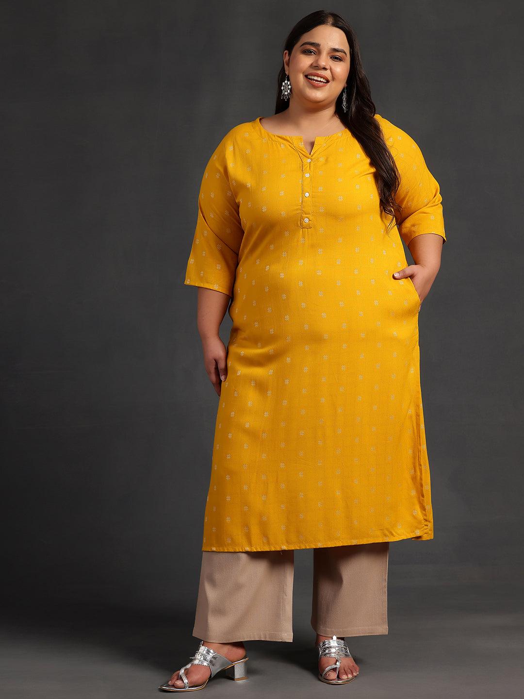 Plus Size Mustard Woven Design Rayon Straight Kurta - Libas 