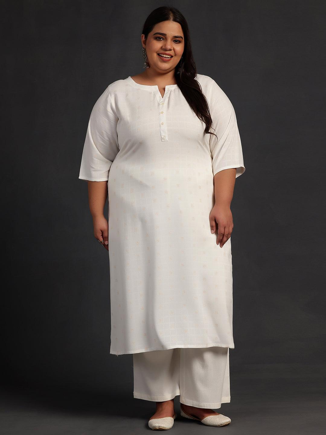 Plus Size Cream Woven Design Rayon Straight Kurta - Libas