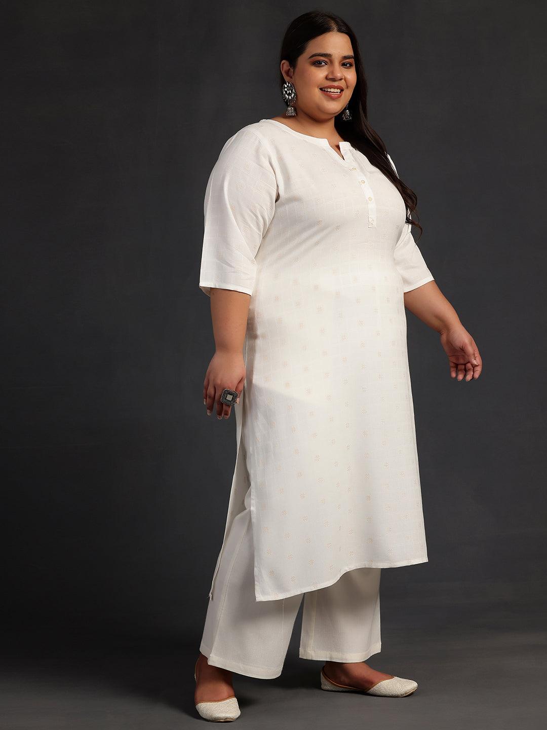 Plus Size Cream Woven Design Rayon Straight Kurta - Libas 