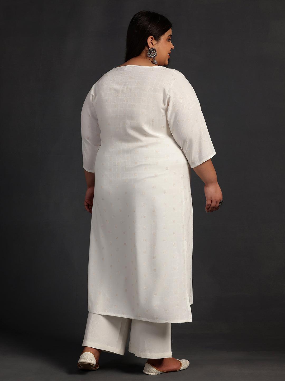 Plus Size Cream Woven Design Rayon Straight Kurta - Libas 