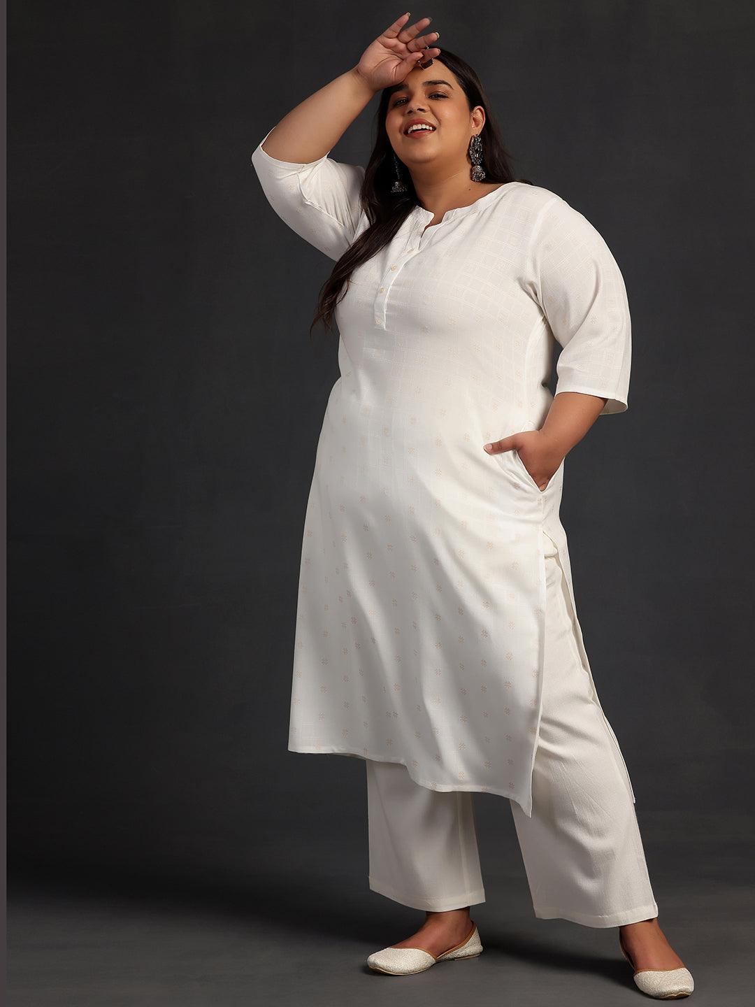 Plus Size Cream Woven Design Rayon Straight Kurta - Libas 