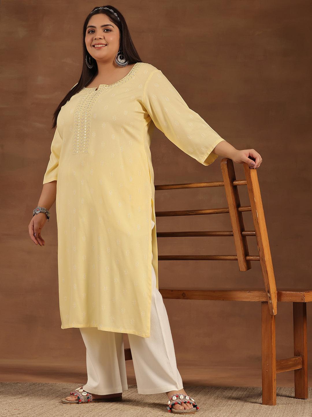 Plus Size Yellow Embroidered Cotton Straight Kurta - Libas