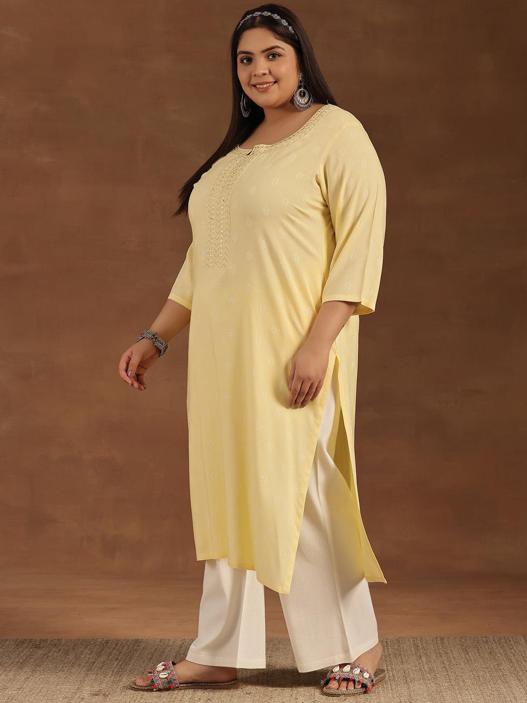 Plus Size Yellow Embroidered Cotton Straight Kurta - Libas