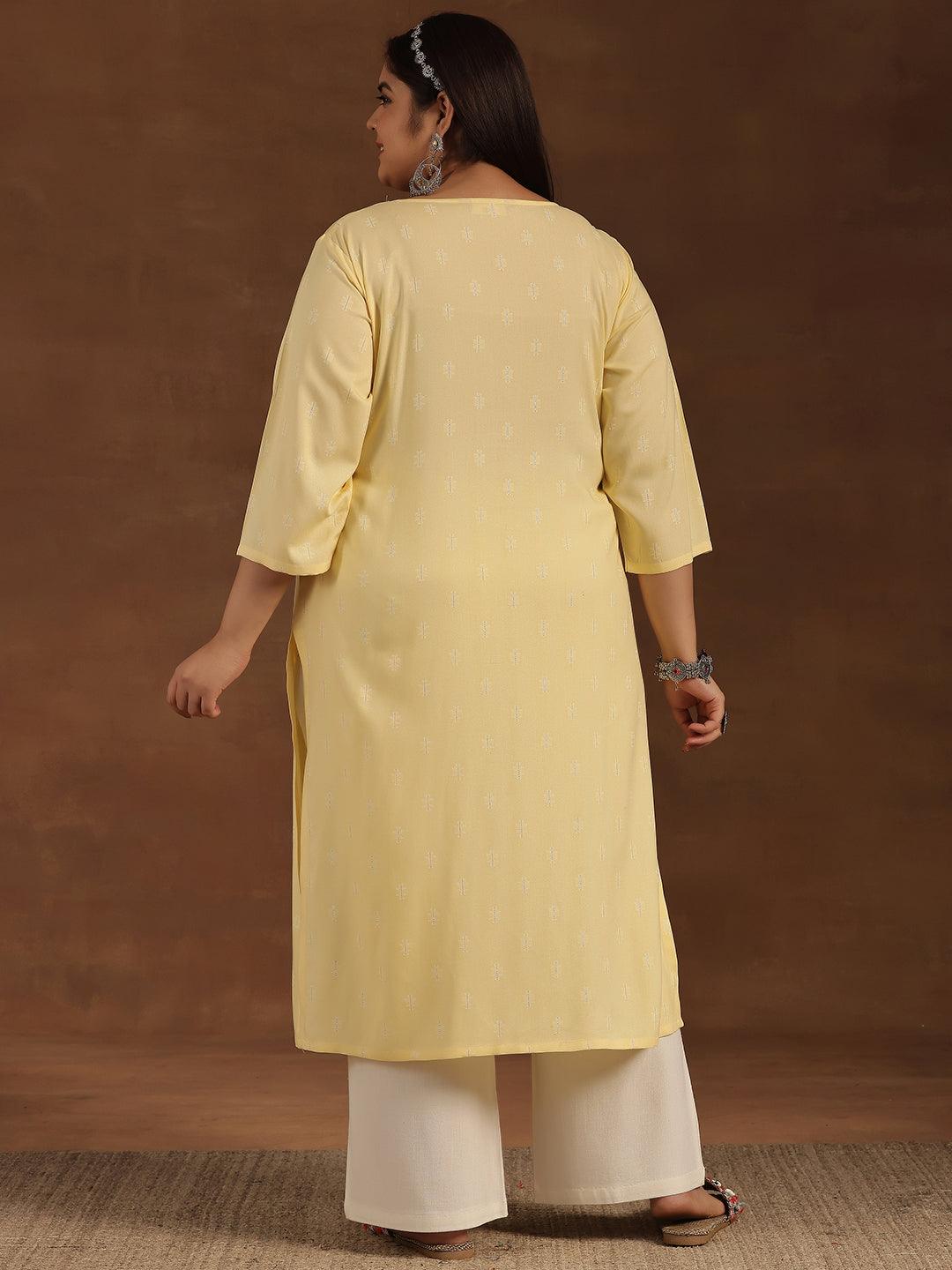 Plus Size Yellow Embroidered Cotton Straight Kurta - Libas