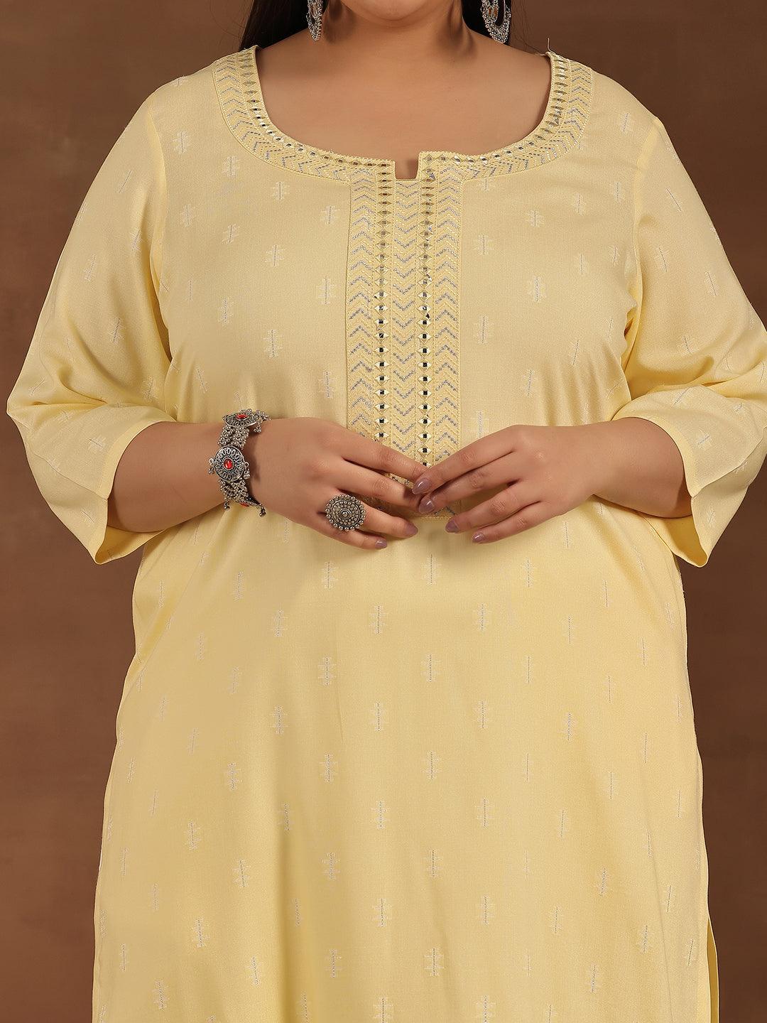 Plus Size Yellow Embroidered Cotton Straight Kurta - Libas