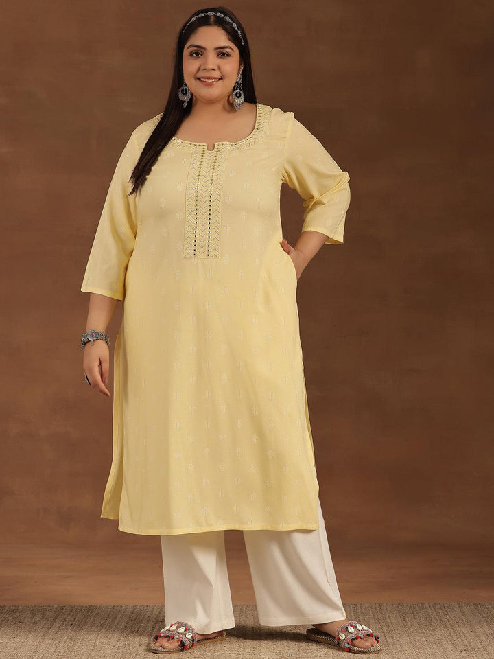 Plus Size Yellow Embroidered Cotton Straight Kurta - Libas