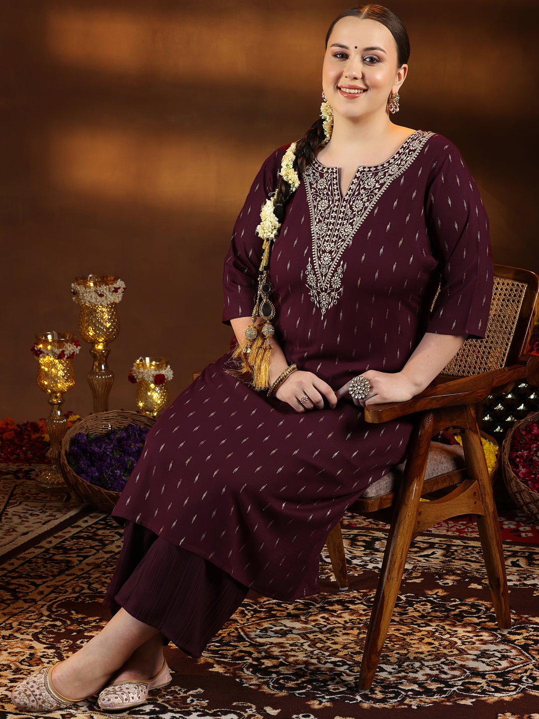 Plus Size Maroon Woven Design Cotton Straight Kurta