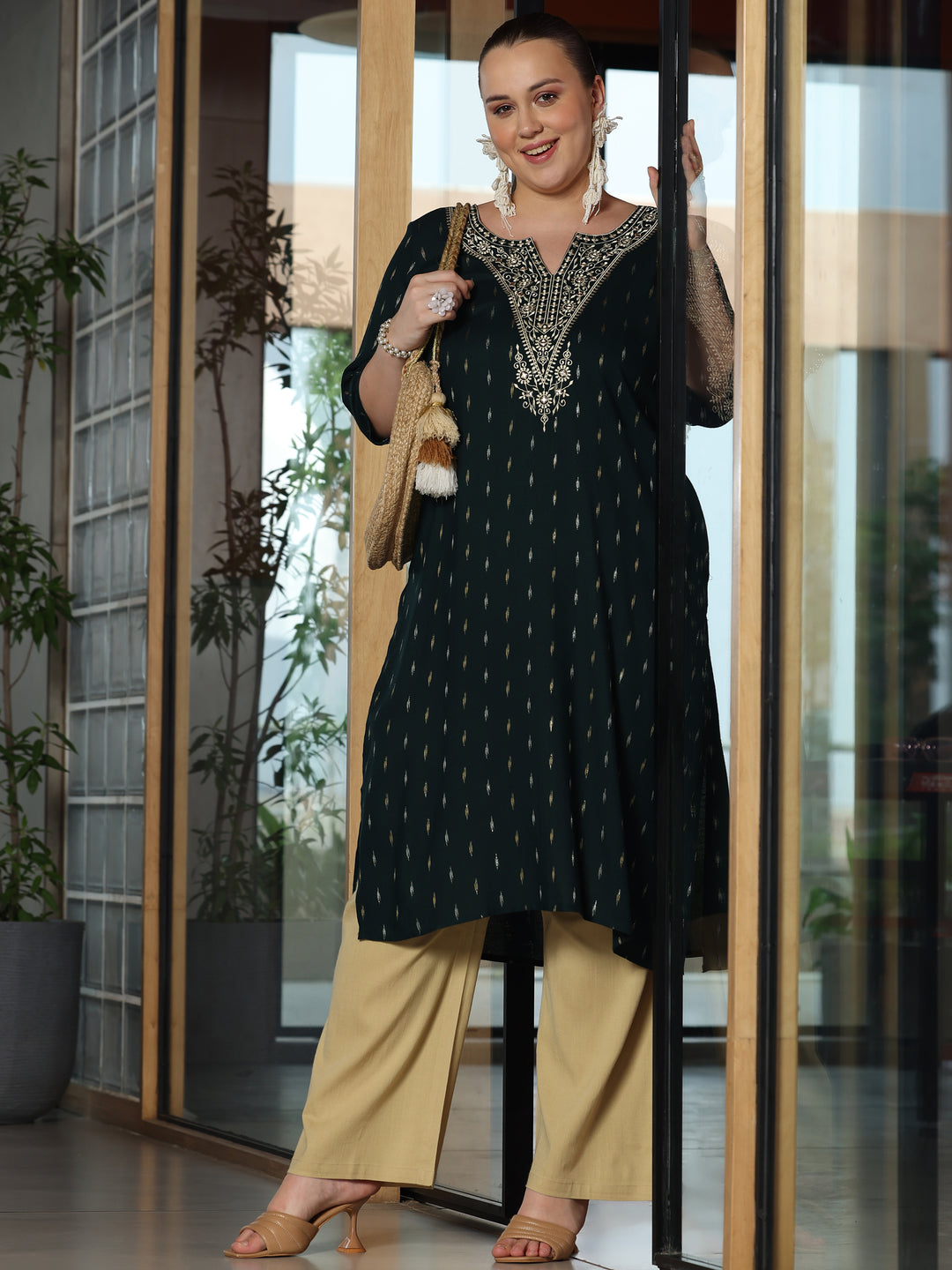  Plus Size Green Woven Design Cotton Straight Kurta 