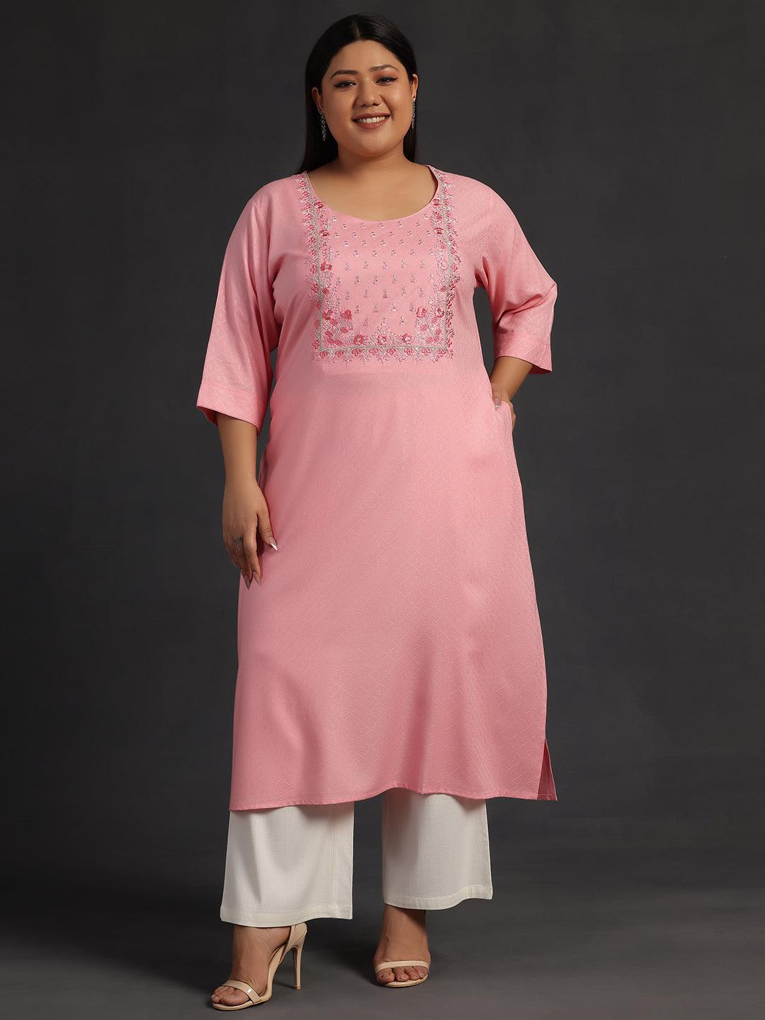 Plus Size Pink Yoke Design Rayon Straight Kurta - Libas 